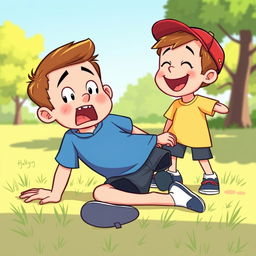 A cartoon-style illustration of two 8-year-old boys in a playful outdoor setting