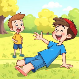 A cartoon-style illustration of two 8-year-old boys in a playful outdoor setting