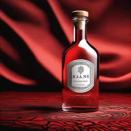 A high-quality digital art illustration of a clear glass bottle with the word 'Ramande' engraved on it, placed on a table covered with a vibrant red and black cloth