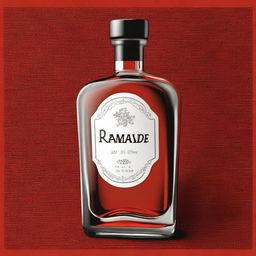 A high-quality digital art illustration of a clear glass bottle with the word 'Ramande' engraved on it, placed on a table covered with a vibrant red and black cloth