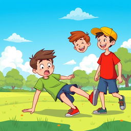 A lively cartoon illustration of two 8-year-old boys playing together in a vibrant park