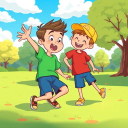 A lively cartoon illustration of two 8-year-old boys playing together in a vibrant park