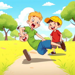 A lively cartoon illustration of two 8-year-old boys playing together in a vibrant park