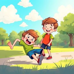 A lively cartoon illustration of two 8-year-old boys playing together in a vibrant park