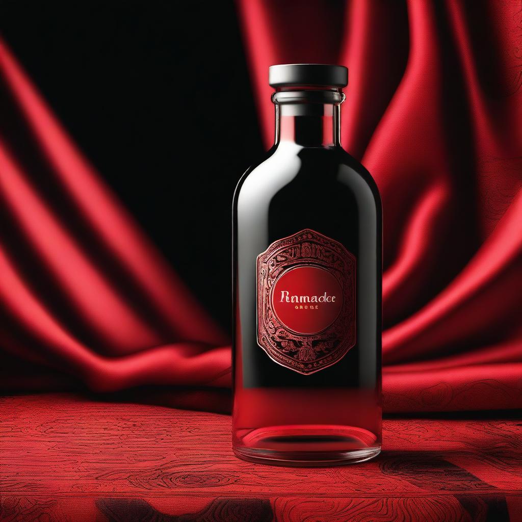 A high-quality digital art illustration of a clear glass bottle with the word 'Ramande' engraved on it, placed on a table covered with a vibrant red and black cloth