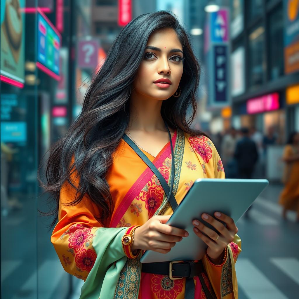 A stunning Indian AI influencer, showcasing a modern and tech-savvy style