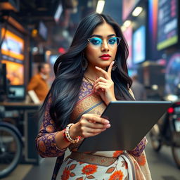 A stunning Indian AI influencer, showcasing a modern and tech-savvy style