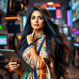 A stunning Indian AI influencer, showcasing a modern and tech-savvy style