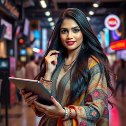 A stunning Indian AI influencer, showcasing a modern and tech-savvy style