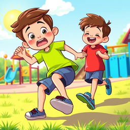A lively cartoon illustration of two 8-year-old boys playing in a vibrant playground setting