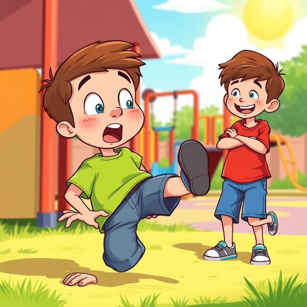 A lively cartoon illustration of two 8-year-old boys playing in a vibrant playground setting