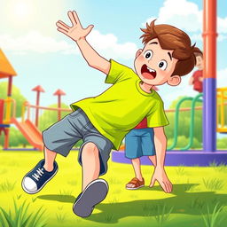 A lively cartoon illustration of two 8-year-old boys playing in a vibrant playground setting