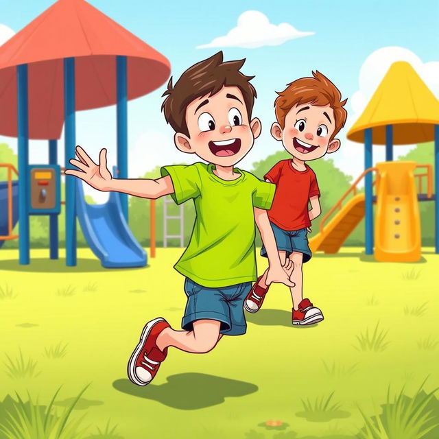 A lively cartoon illustration of two 8-year-old boys playing in a vibrant playground setting