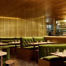 A modern restaurant interior featuring plush green sofas, sleek wooden tables, and refined golden details that add a touch of luxury.