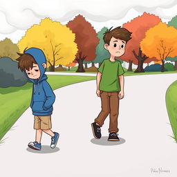 A touching cartoon illustration of two 8-year-old boys who are walking separately, looking sad and dejected after a disagreement