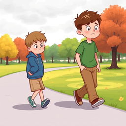 A touching cartoon illustration of two 8-year-old boys who are walking separately, looking sad and dejected after a disagreement