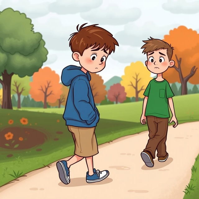 A touching cartoon illustration of two 8-year-old boys who are walking separately, looking sad and dejected after a disagreement