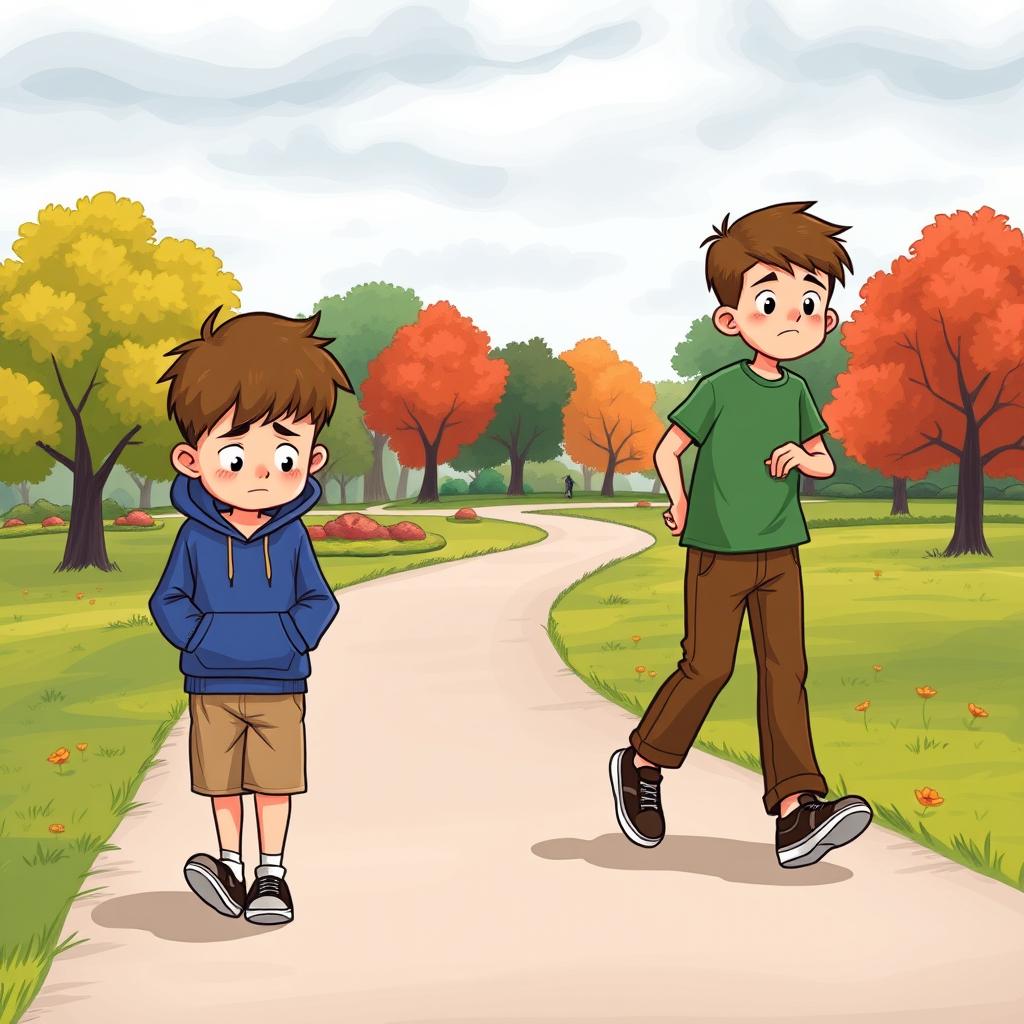 A touching cartoon illustration of two 8-year-old boys who are walking separately, looking sad and dejected after a disagreement