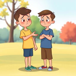 A heartfelt cartoon illustration of two 8-year-old boys standing a few feet apart, looking sad but earnest as they apologize to each other