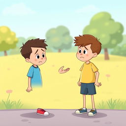 A heartfelt cartoon illustration of two 8-year-old boys standing a few feet apart, looking sad but earnest as they apologize to each other