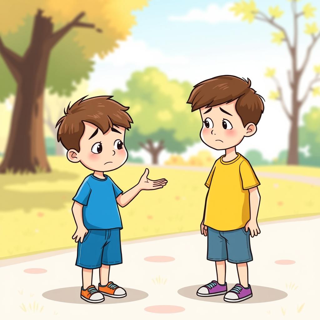 A heartfelt cartoon illustration of two 8-year-old boys standing a few feet apart, looking sad but earnest as they apologize to each other