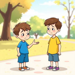 A heartfelt cartoon illustration of two 8-year-old boys standing a few feet apart, looking sad but earnest as they apologize to each other