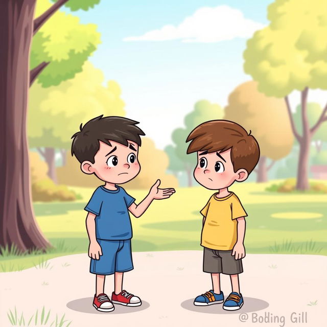 A heartfelt cartoon illustration of two 8-year-old boys standing a few feet apart, looking sad but earnest as they apologize to each other