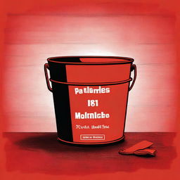 A high-quality digital art illustration of a bucket with the words 'Paleboski Polembo' etched on it, placed on a table covered with a vibrant red and black cloth