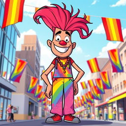 A whimsical cartoon illustration of a personified tall pride character, designed to embody the essence of pride
