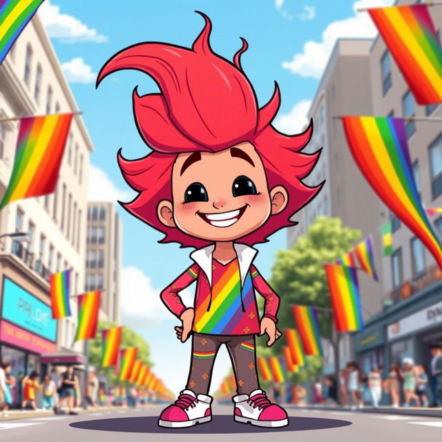 A whimsical cartoon illustration of a personified tall pride character, designed to embody the essence of pride