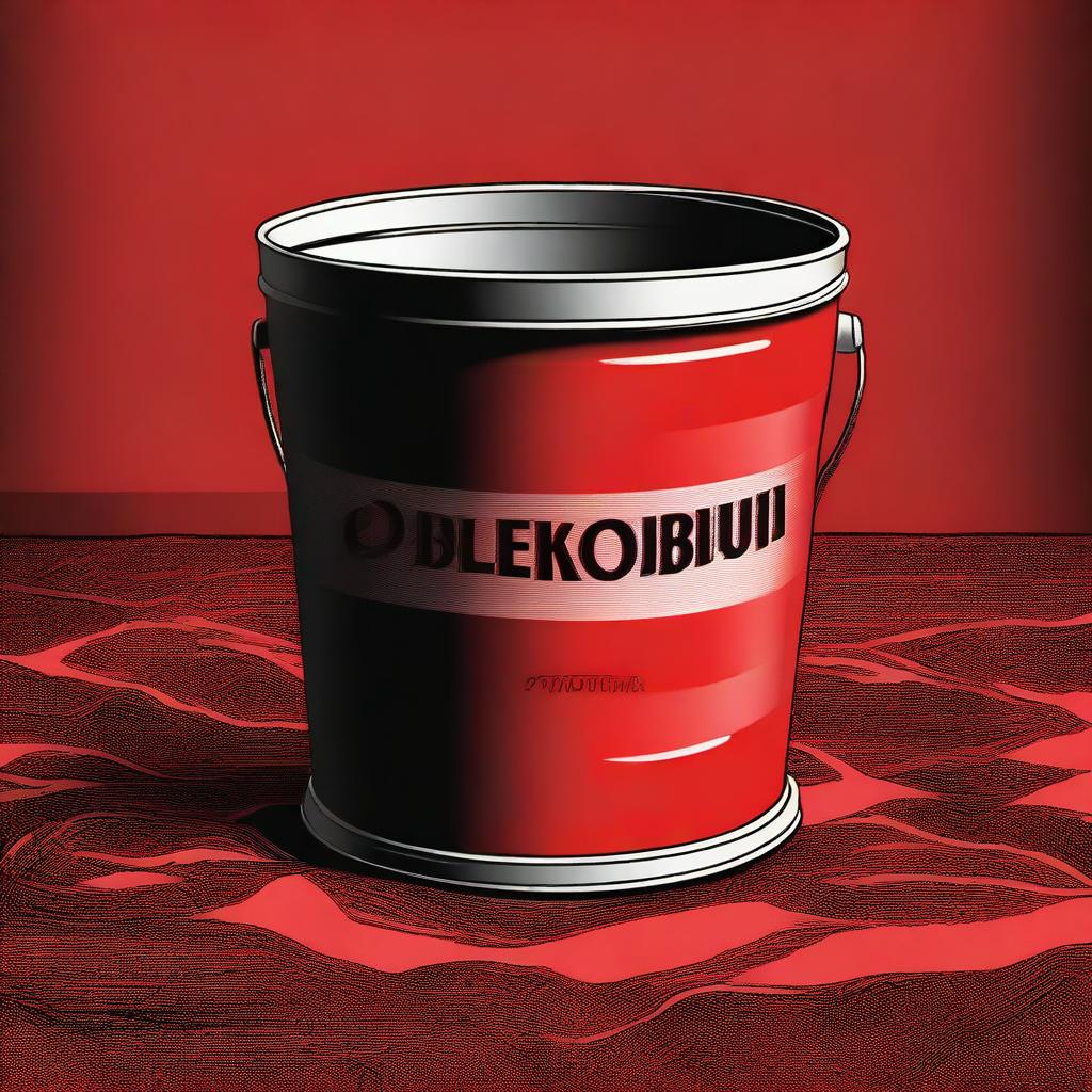 A high-quality digital art illustration of a bucket with the words 'Paleboski Polembo' etched on it, placed on a table covered with a vibrant red and black cloth