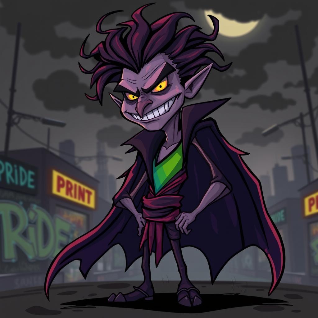 A whimsical yet slightly sinister cartoon illustration of a personified tall pride character, designed with an evil twist