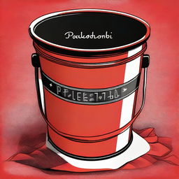 A high-quality digital art illustration of a bucket with the words 'Paleboski Polembo' etched on it, placed on a table covered with a vibrant red and black cloth