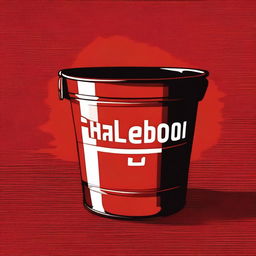 A high-quality digital art illustration of a bucket with the words 'Paleboski Polembo' etched on it, placed on a table covered with a vibrant red and black cloth