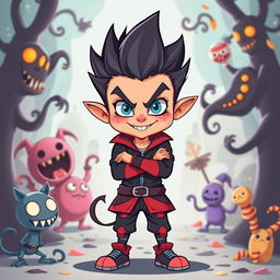 A whimsical yet mischievous cartoon illustration of a personified tall pride character in the form of an evil kid