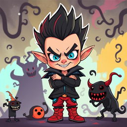 A whimsical yet mischievous cartoon illustration of a personified tall pride character in the form of an evil kid