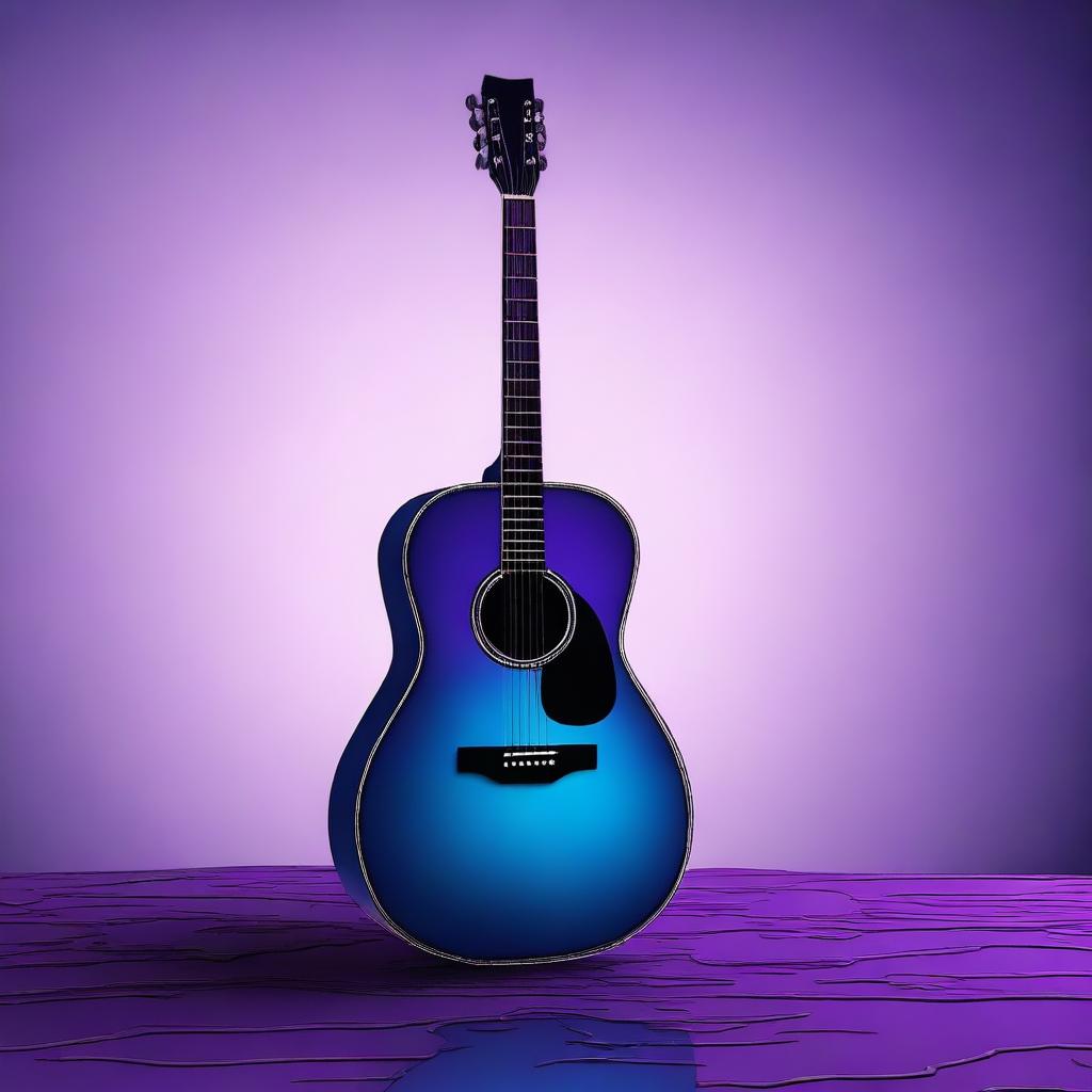 A detailed digital art image showing an injured acoustic guitar floating in a vast, empty space with a gradient of deep blues and purples