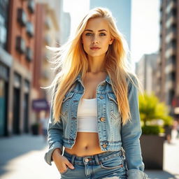 A 25-year-old woman with long blonde hair, dressed in a stylish denim jacket and denim shorts, standing in a bright urban environment
