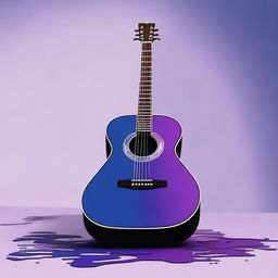 A detailed digital art image showing an injured acoustic guitar floating in a vast, empty space with a gradient of deep blues and purples