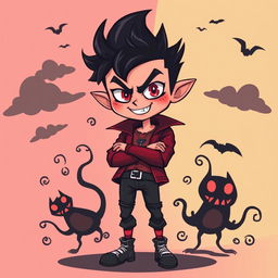 A playful yet devious cartoon illustration of a personified tall pride character representing a cunning evil kid