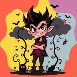 A playful yet devious cartoon illustration of a personified tall pride character representing a cunning evil kid