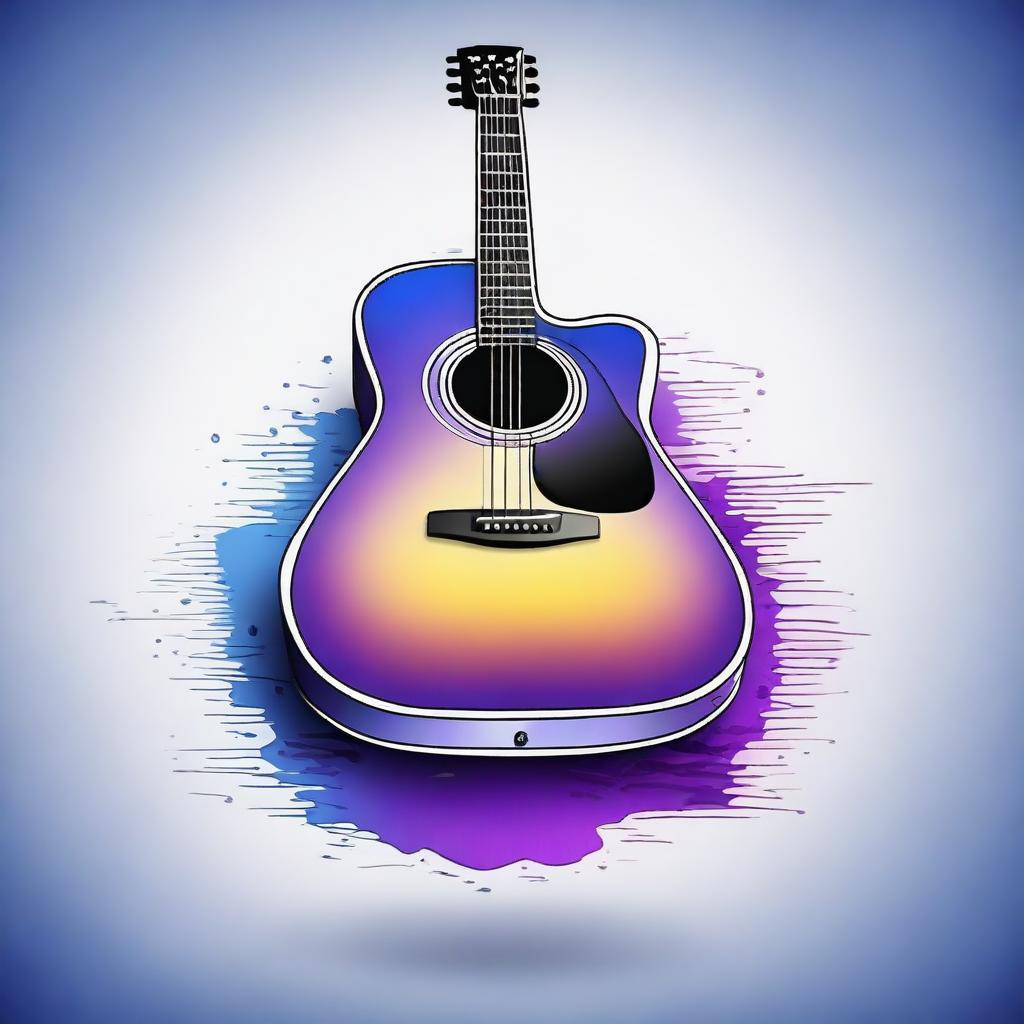 A detailed digital art image showing an injured acoustic guitar floating in a vast, empty space with a gradient of deep blues and purples