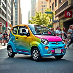 A vibrant Fiat Uno in a lively urban setting, showcasing its iconic compact design with bold colors