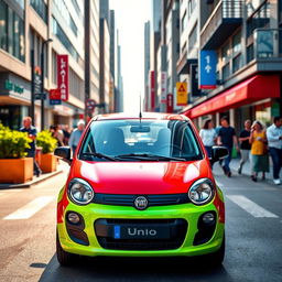 A vibrant Fiat Uno in a lively urban setting, showcasing its iconic compact design with bold colors