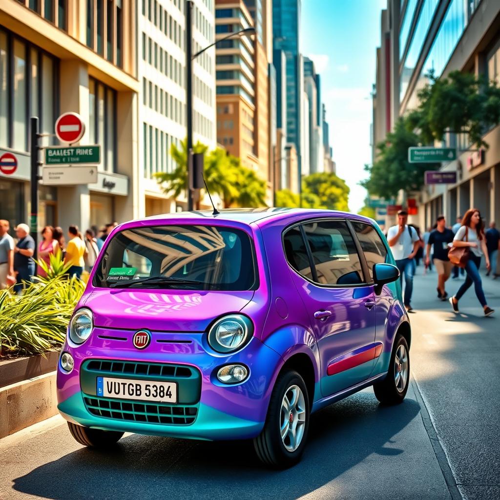 A vibrant Fiat Uno in a lively urban setting, showcasing its iconic compact design with bold colors