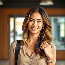 A full-length image of an attractive woman aged 30-45, representing popular American preferences with a diverse background that includes Caucasian, Latina, Asian, and African American features