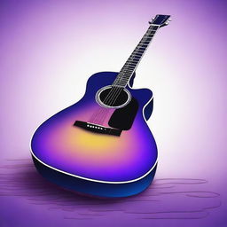 A detailed digital art image showing an injured acoustic guitar floating in a vast, empty space with a gradient of deep blues and purples