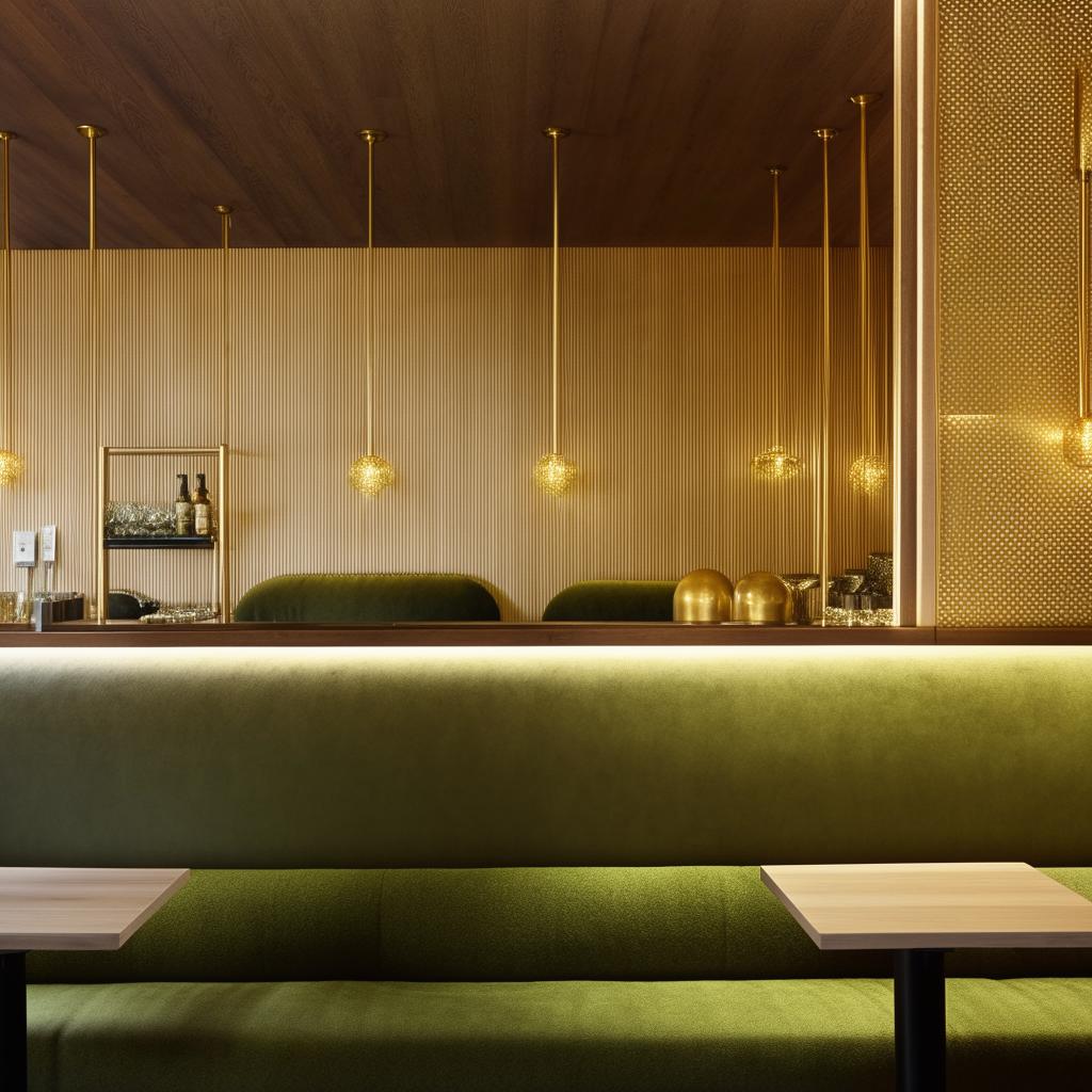 A modern restaurant interior featuring plush green sofas, sleek wooden tables, and refined golden details that add a touch of luxury.