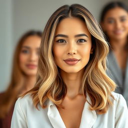 A full-length image of an attractive woman aged 30-45, representing popular American preferences with a diverse background that includes Caucasian, Latina, Asian, and African American features