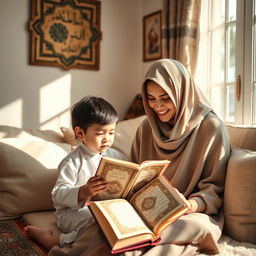 A serene and peaceful scene depicting a parent teaching their child the Surahs of Faza'il after prayer in a cozy, well-lit room